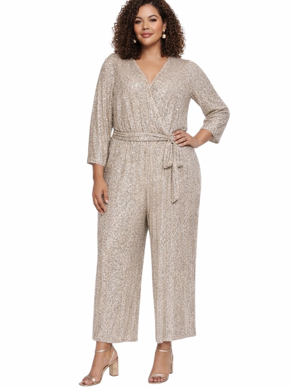 Eliza J Full Sequin Wide Leg Beige Cocktail Formal plus size Bling Jumpsuit 18W